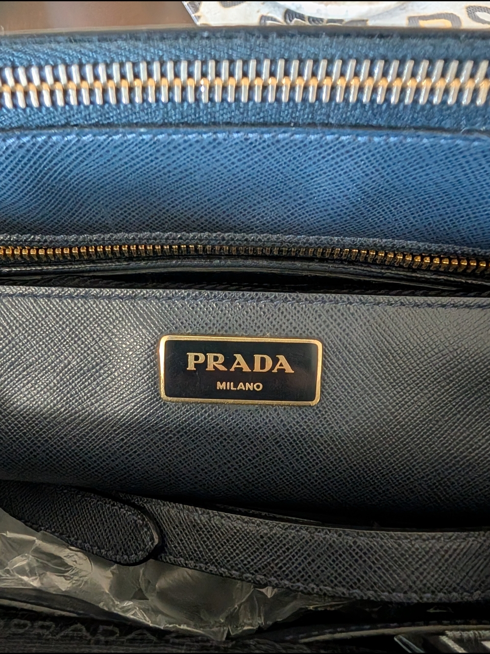 Prada Navy Saffiano Leather Tote with Gold Hardware - Picture 4 of 16